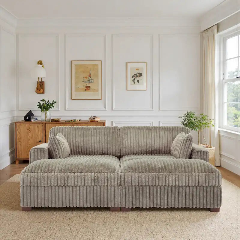 Canapé sectionnel modulaire en velours côtelé marron clair / gris / blanc / vert avec méridienne, 2-4 places