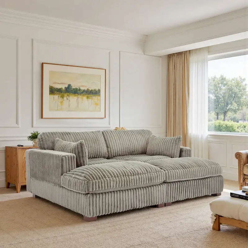 Canapé sectionnel modulaire en velours côtelé marron clair / gris / blanc / vert avec méridienne, 2-4 places