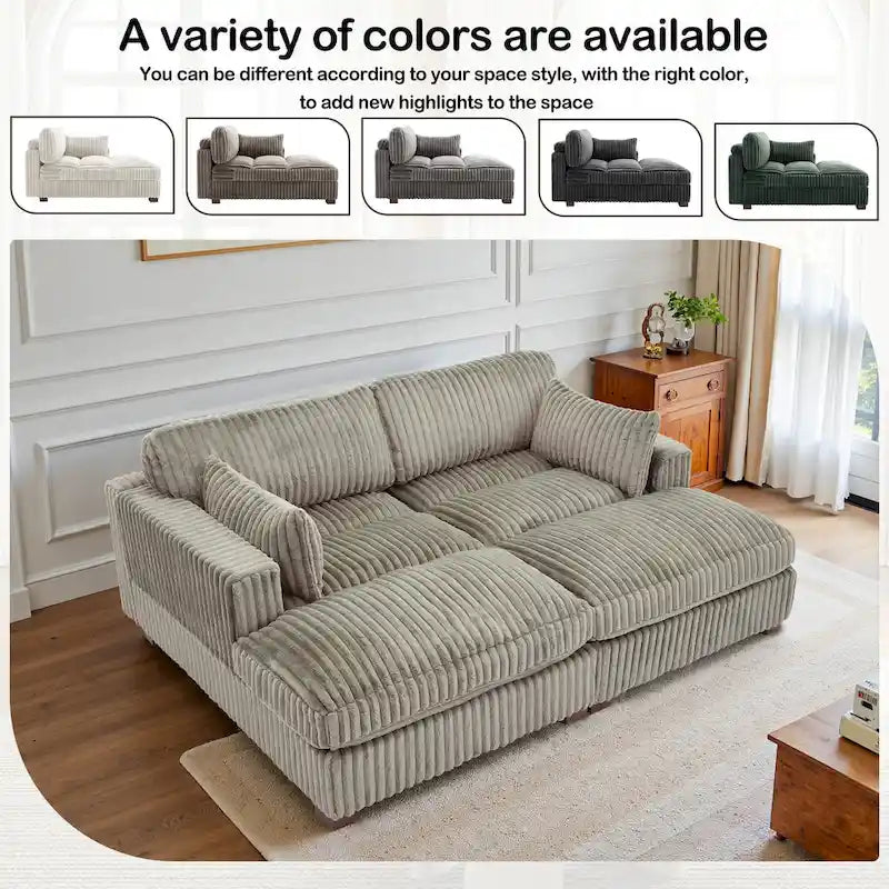 Canapé sectionnel modulaire en velours côtelé marron clair / gris / blanc / vert avec méridienne, 2-4 places