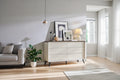 Commode 6 tiroirs à cannelures chêne naturel / blanc antique, style scandinave