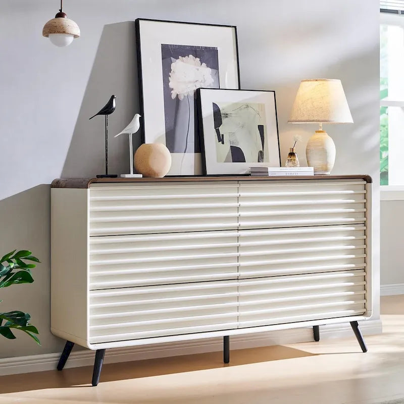Commode 6 tiroirs à cannelures chêne naturel / blanc antique, style scandinave