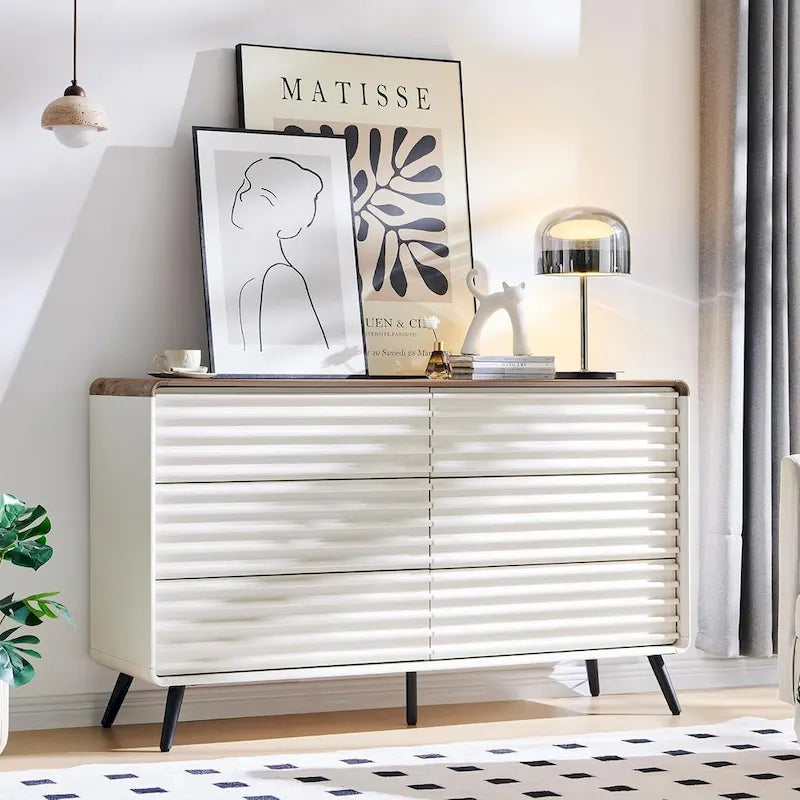 Commode 6 tiroirs à cannelures chêne naturel / blanc antique, style scandinave