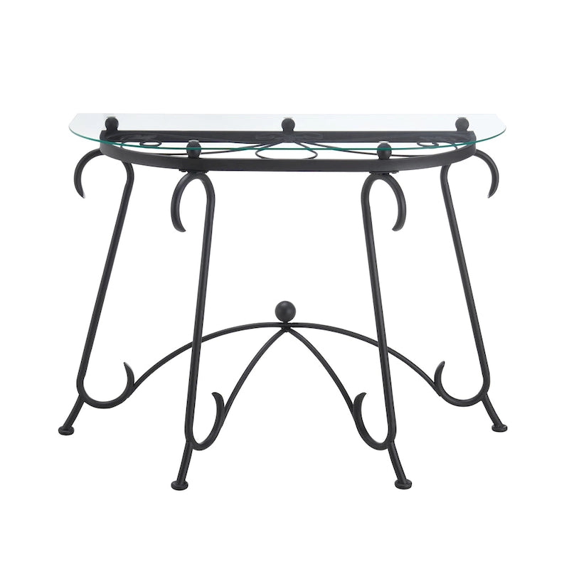 Table d'appoint demi-lune en verre trempé transparent, structure en métal noir, 1 personne