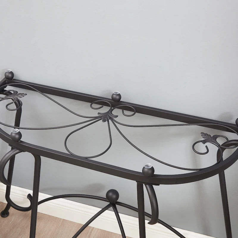Table d'appoint demi-lune en verre trempé transparent, structure en métal noir, 1 personne