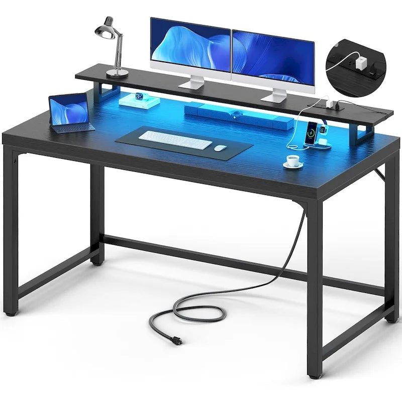 Bureau informatique de 55 po – Noir / Chêne gris / Chêne rustique, style moderne, pour 1 personne