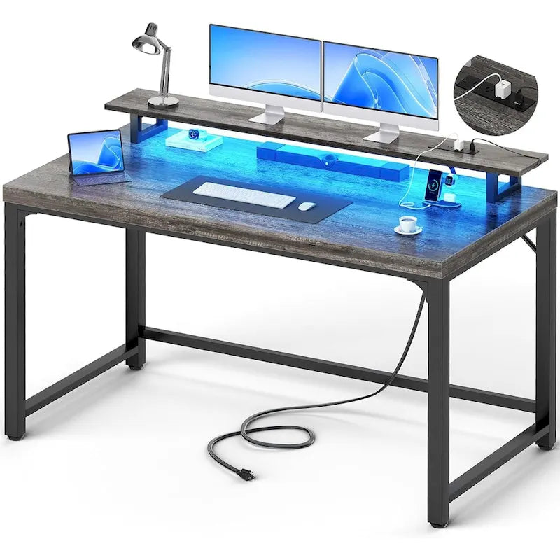 Bureau informatique de 55 po – Noir / Chêne gris / Chêne rustique, style moderne, pour 1 personne