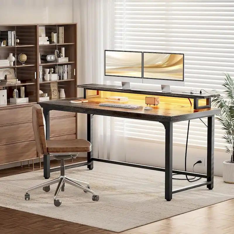 Bureau informatique de 55 po – Noir / Chêne gris / Chêne rustique, style moderne, pour 1 personne