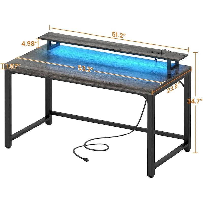 Bureau informatique de 55 po – Noir / Chêne gris / Chêne rustique, style moderne, pour 1 personne
