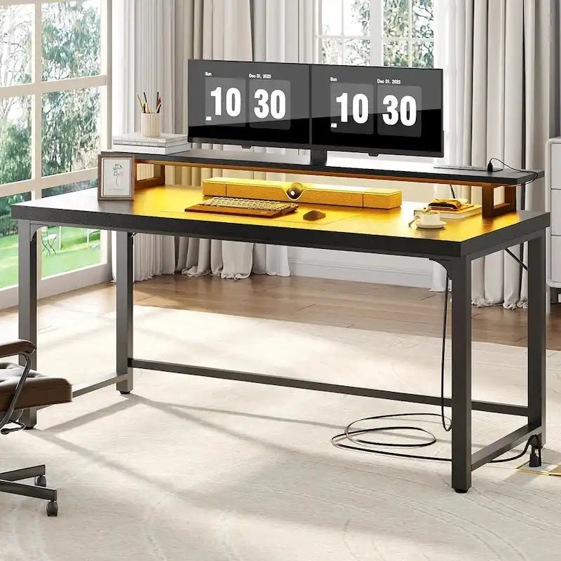 Bureau informatique de 55 po – Noir / Chêne gris / Chêne rustique, style moderne, pour 1 personne