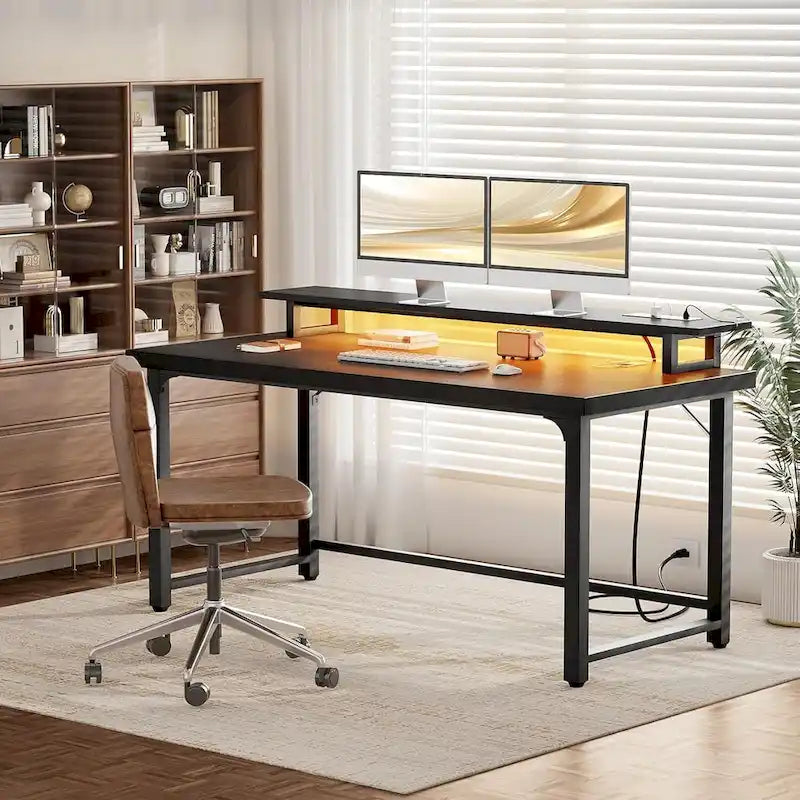Bureau informatique de 55 po – Noir / Chêne gris / Chêne rustique, style moderne, pour 1 personne