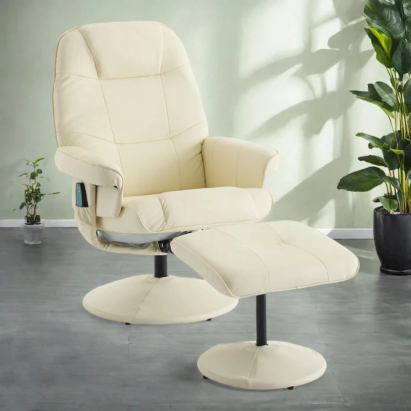 Fauteuil de massage inclinable pivotant en cuir PU beige/noir avec pouf – 1 place