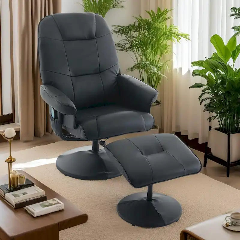 Fauteuil de massage inclinable pivotant en cuir PU beige/noir avec pouf – 1 place