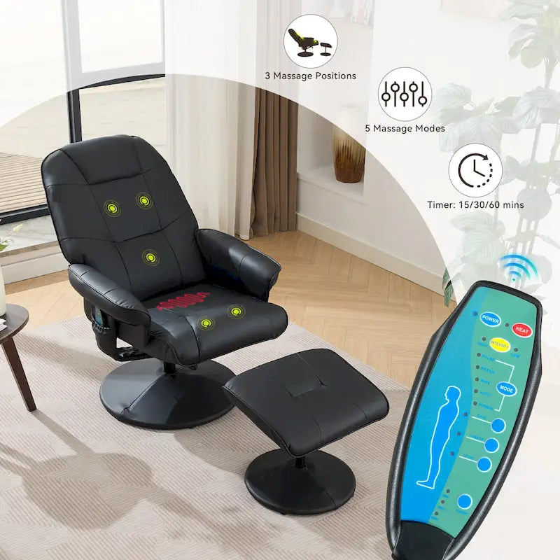 Fauteuil de massage inclinable pivotant en cuir PU beige/noir avec pouf – 1 place