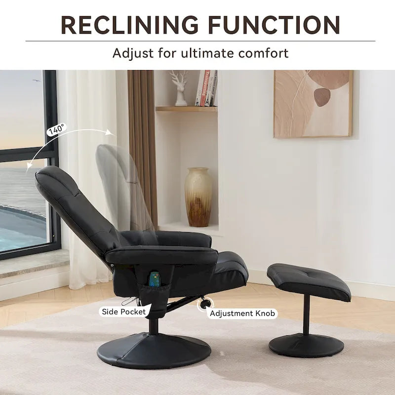 Fauteuil de massage inclinable pivotant en cuir PU beige/noir avec pouf – 1 place
