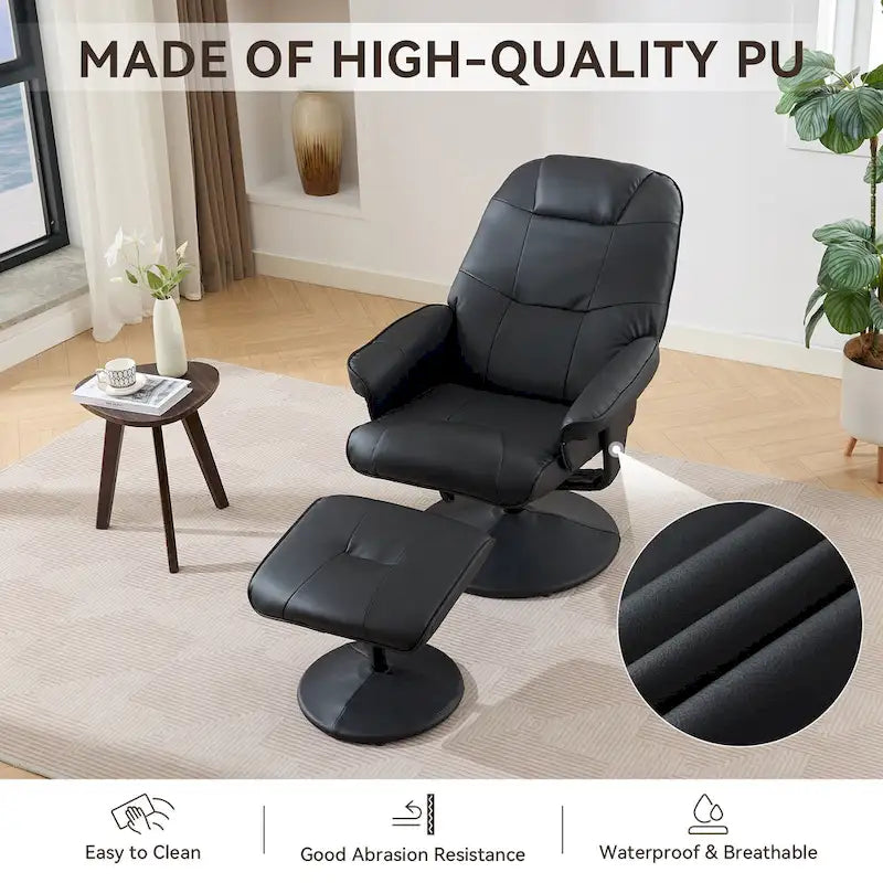 Fauteuil de massage inclinable pivotant en cuir PU beige/noir avec pouf – 1 place