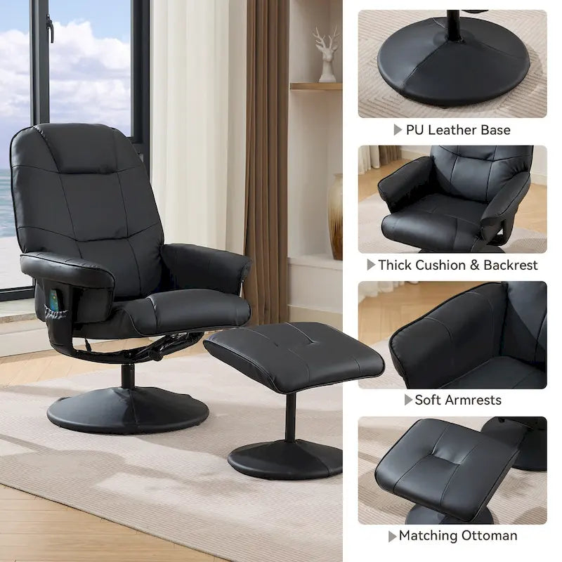 Fauteuil de massage inclinable pivotant en cuir PU beige/noir avec pouf – 1 place
