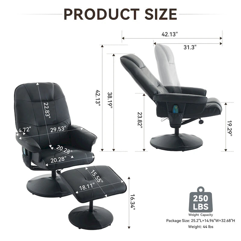 Fauteuil de massage inclinable pivotant en cuir PU beige/noir avec pouf – 1 place
