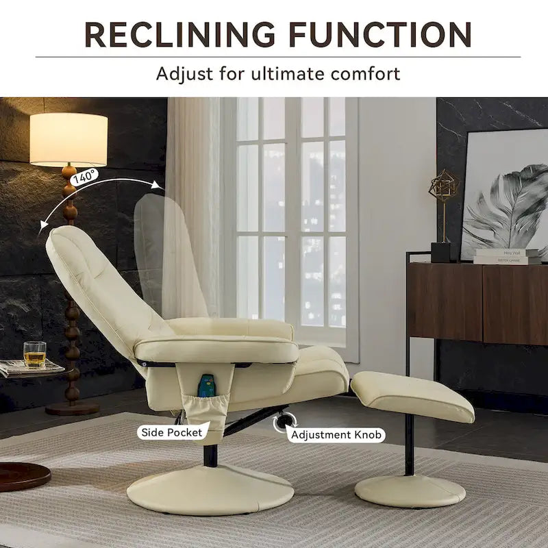 Fauteuil de massage inclinable pivotant en cuir PU beige/noir avec pouf – 1 place