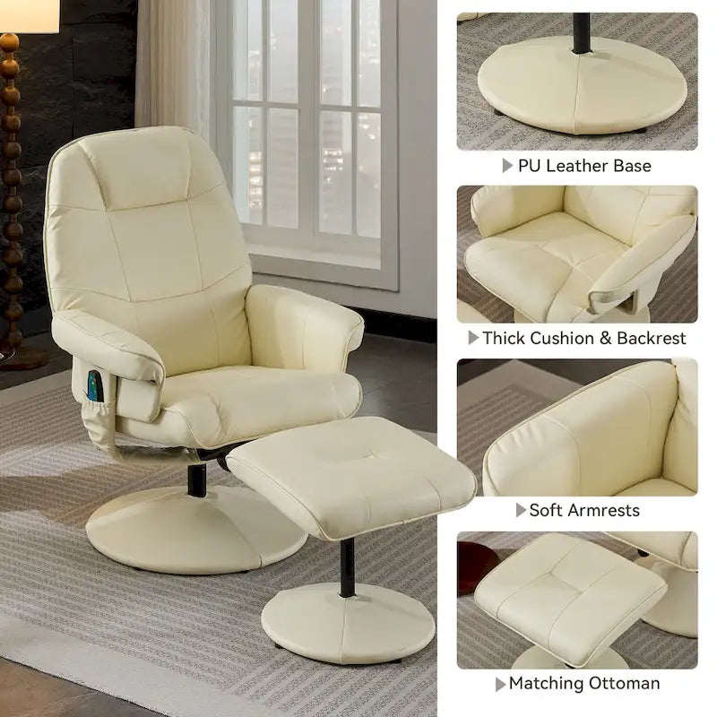 Fauteuil de massage inclinable pivotant en cuir PU beige/noir avec pouf – 1 place