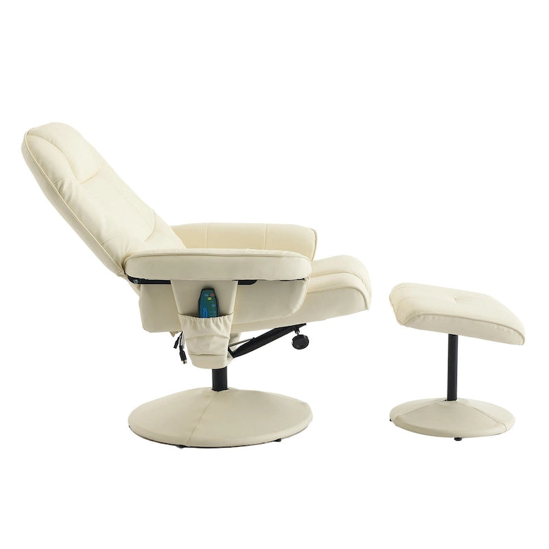 Fauteuil de massage inclinable pivotant en cuir PU beige/noir avec pouf – 1 place