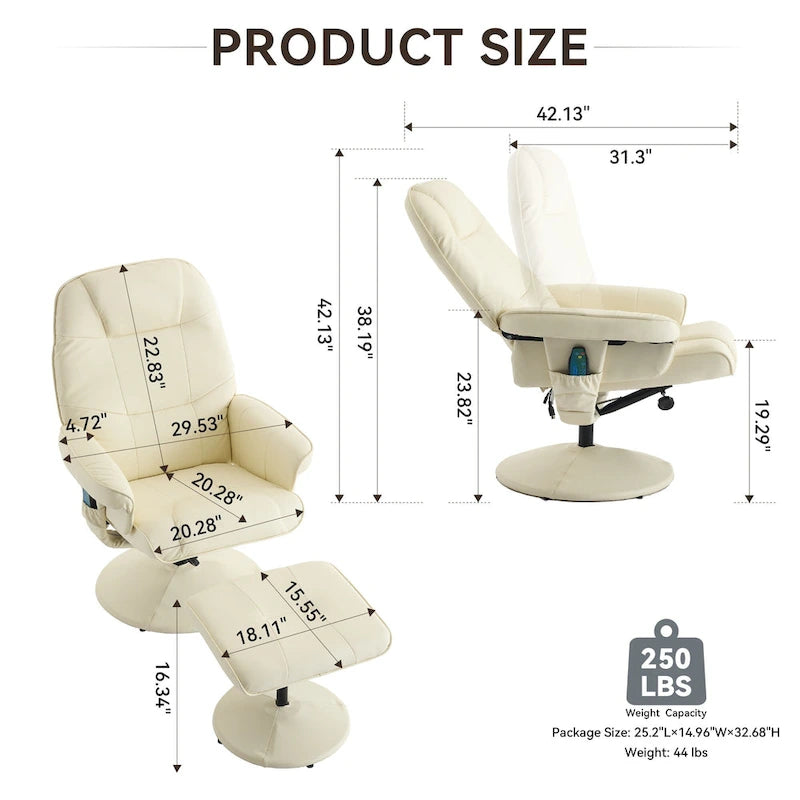 Fauteuil de massage inclinable pivotant en cuir PU beige/noir avec pouf – 1 place