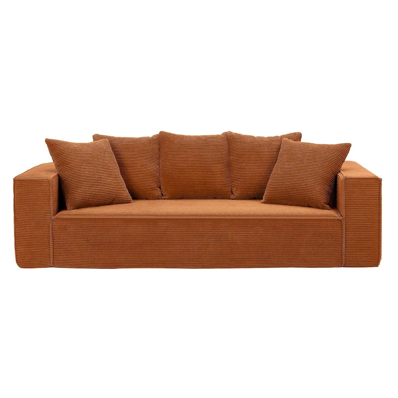 Canapé Modulable 3 Places en Velours Côtelé Orange / Vert / Blanc / Noir avec 5 Coussins Déco