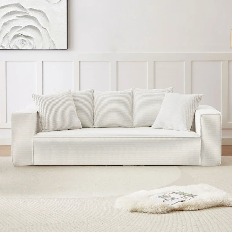 Canapé Modulable 3 Places en Velours Côtelé Orange / Vert / Blanc / Noir avec 5 Coussins Déco