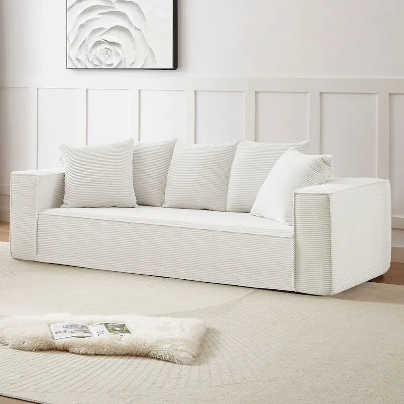 Canapé Modulable 3 Places en Velours Côtelé Orange / Vert / Blanc / Noir avec 5 Coussins Déco