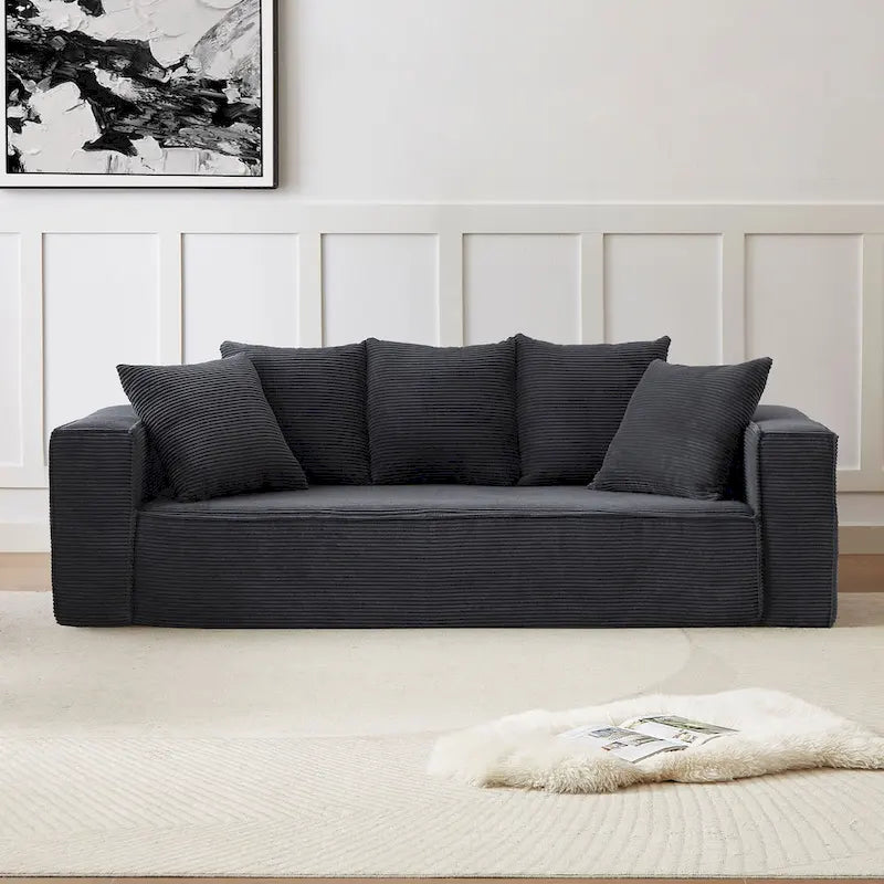 Canapé Modulable 3 Places en Velours Côtelé Orange / Vert / Blanc / Noir avec 5 Coussins Déco