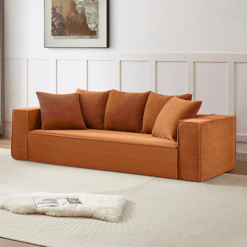 Canapé Modulable 3 Places en Velours Côtelé Orange / Vert / Blanc / Noir avec 5 Coussins Déco