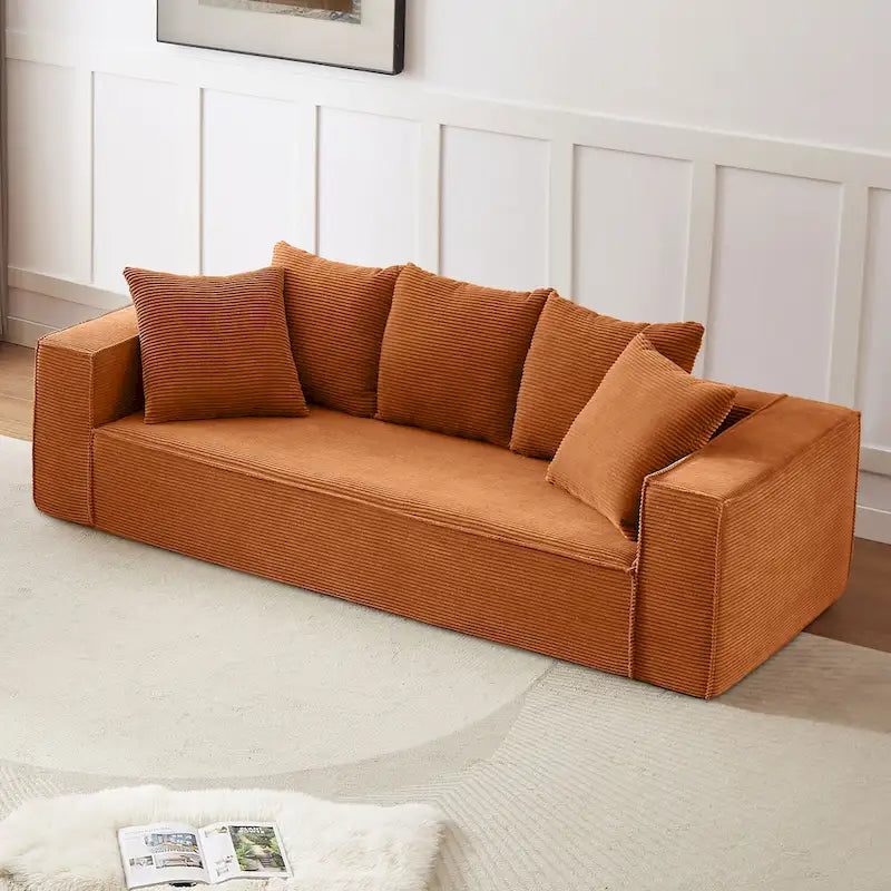 Canapé Modulable 3 Places en Velours Côtelé Orange / Vert / Blanc / Noir avec 5 Coussins Déco
