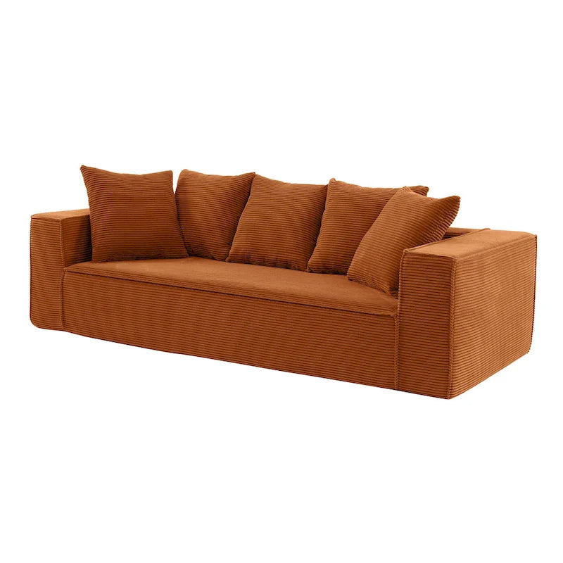Canapé Modulable 3 Places en Velours Côtelé Orange / Vert / Blanc / Noir avec 5 Coussins Déco