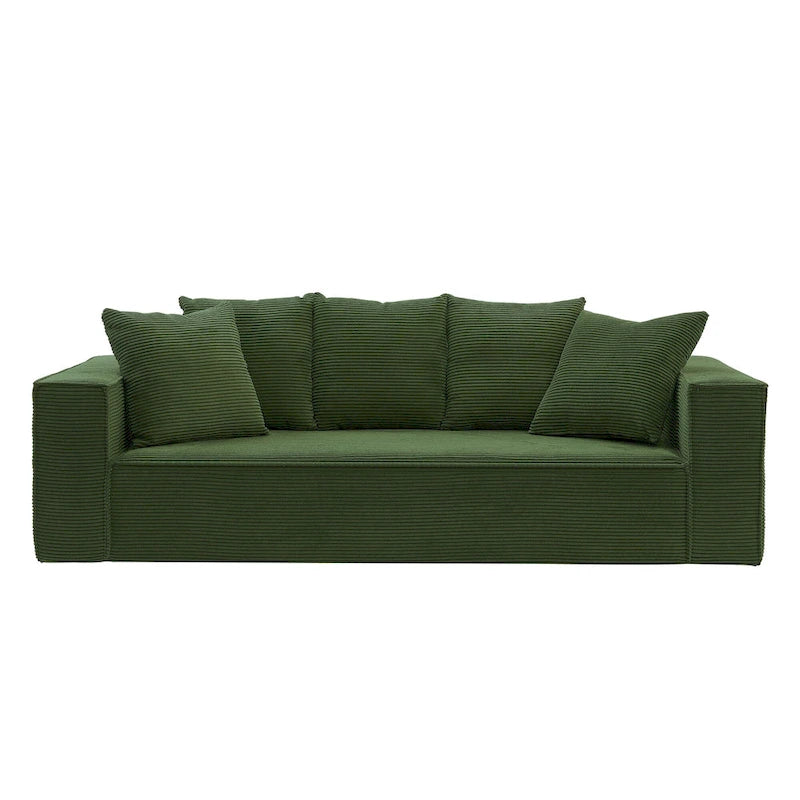 Canapé Modulable 3 Places en Velours Côtelé Orange / Vert / Blanc / Noir avec 5 Coussins Déco