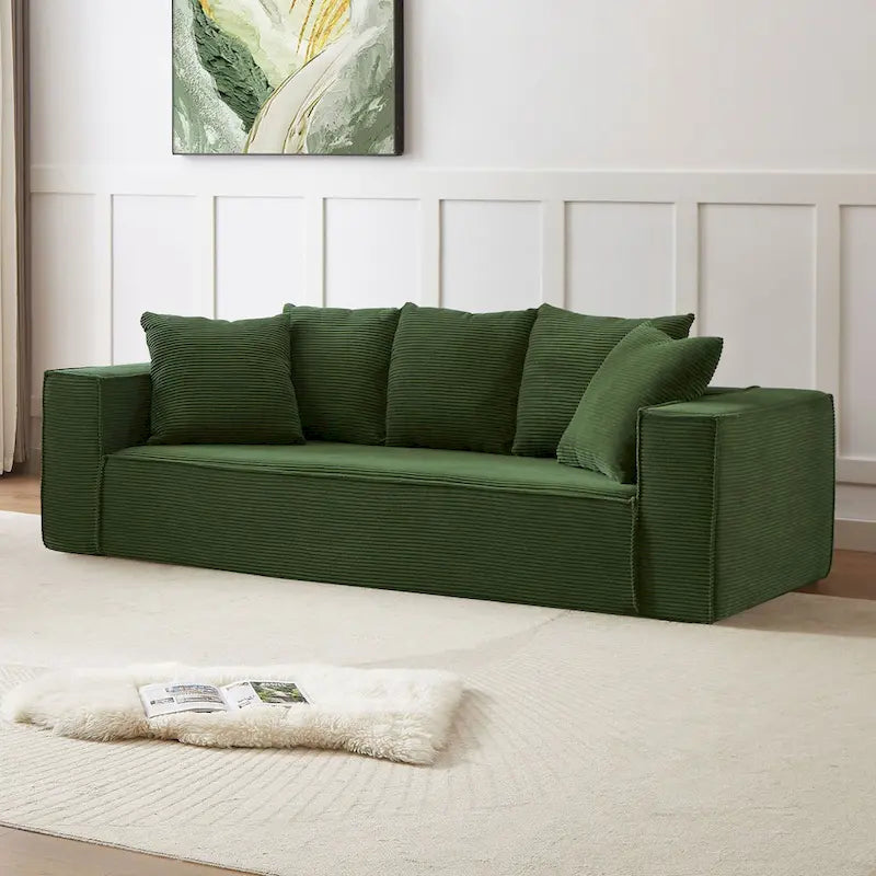 Canapé Modulable 3 Places en Velours Côtelé Orange / Vert / Blanc / Noir avec 5 Coussins Déco