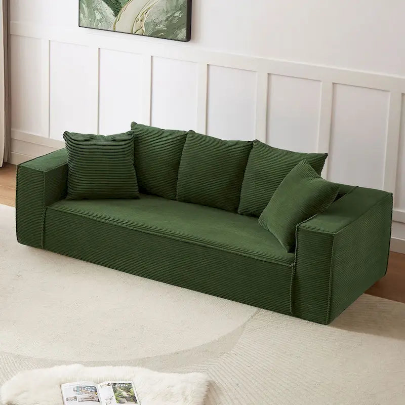 Canapé Modulable 3 Places en Velours Côtelé Orange / Vert / Blanc / Noir avec 5 Coussins Déco