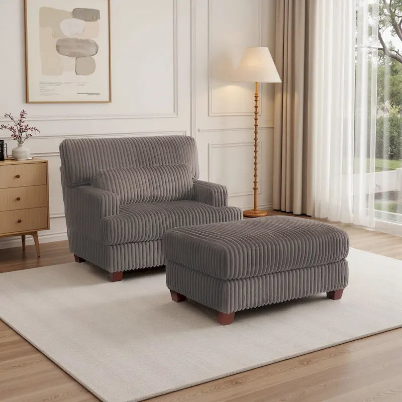 Fauteuil d'appoint avec Ottomane Velours Chameau Foncé / Gris Foncé / Beige / Gris Flanelle – 1 place