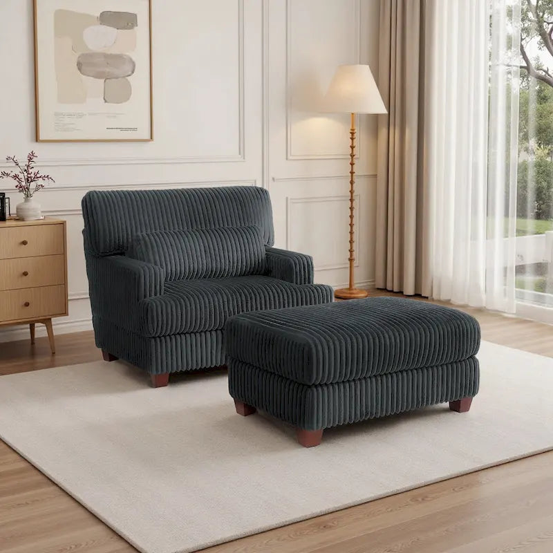 Fauteuil d'appoint avec Ottomane Velours Chameau Foncé / Gris Foncé / Beige / Gris Flanelle – 1 place
