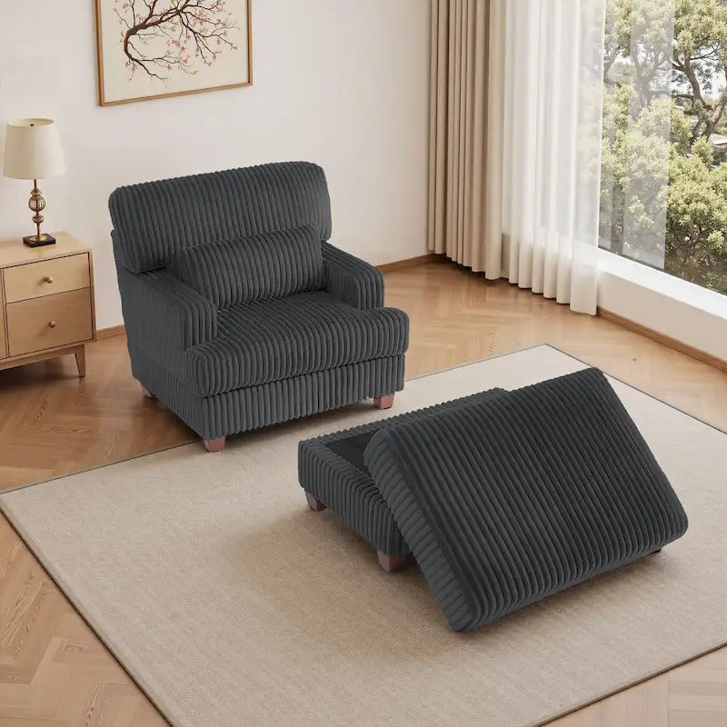 Fauteuil d'appoint avec Ottomane Velours Chameau Foncé / Gris Foncé / Beige / Gris Flanelle – 1 place