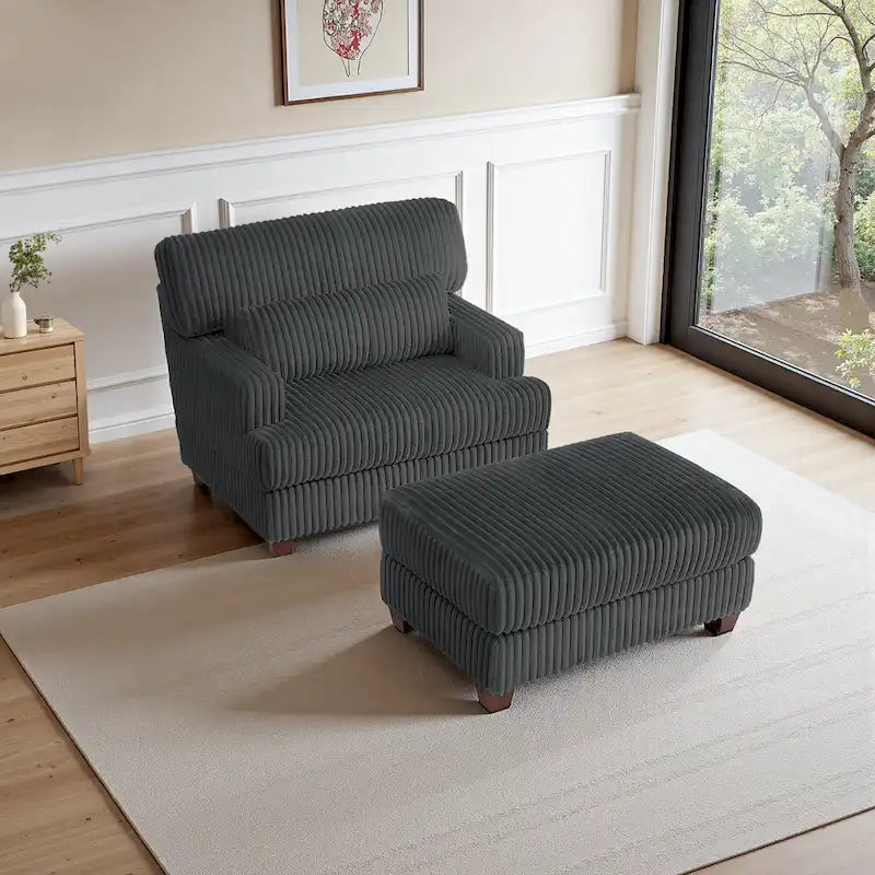 Fauteuil d'appoint avec Ottomane Velours Chameau Foncé / Gris Foncé / Beige / Gris Flanelle – 1 place