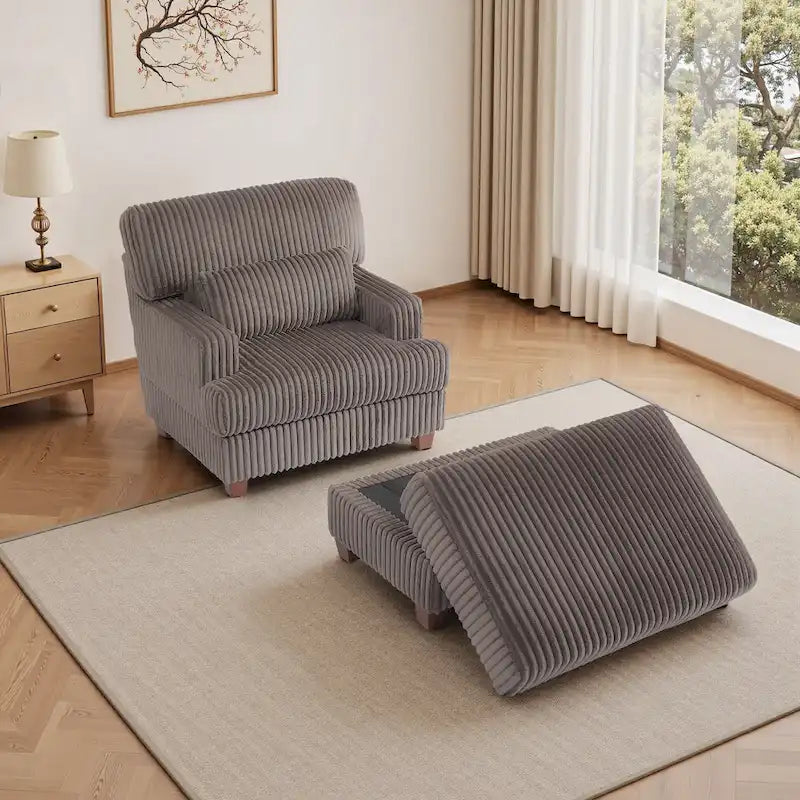 Fauteuil d'appoint avec Ottomane Velours Chameau Foncé / Gris Foncé / Beige / Gris Flanelle – 1 place