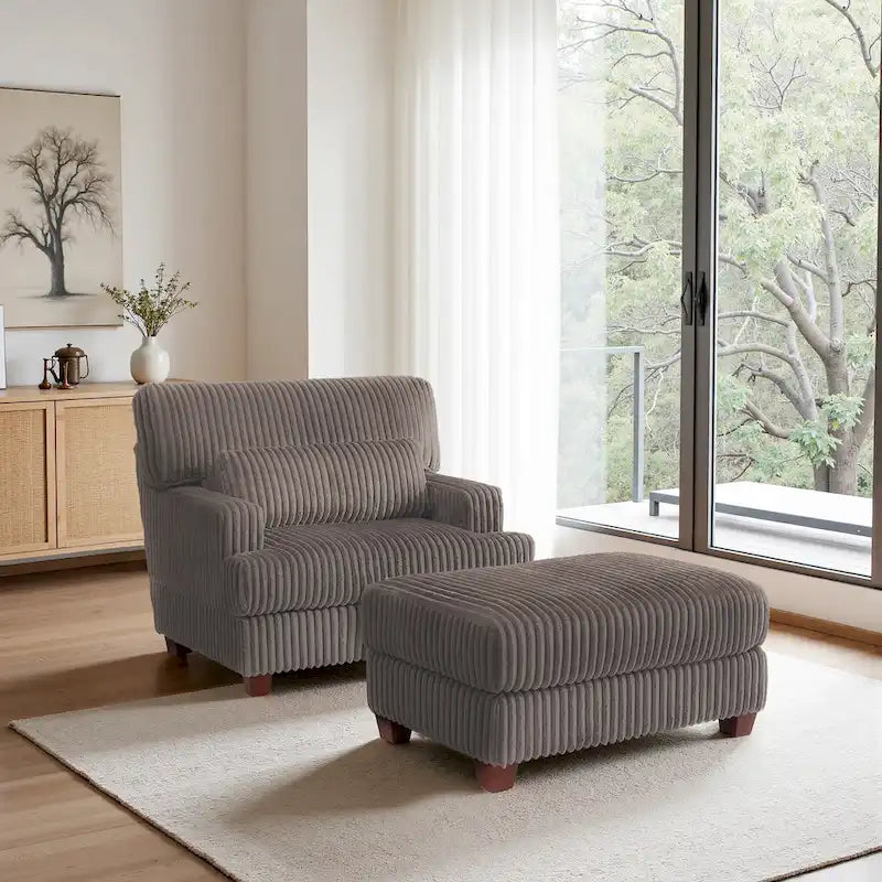 Fauteuil d'appoint avec Ottomane Velours Chameau Foncé / Gris Foncé / Beige / Gris Flanelle – 1 place