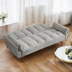 Canapé-lit futon convertible 2 places, gris clair / beige / gris foncé / jaune, dossier capitonné fendu