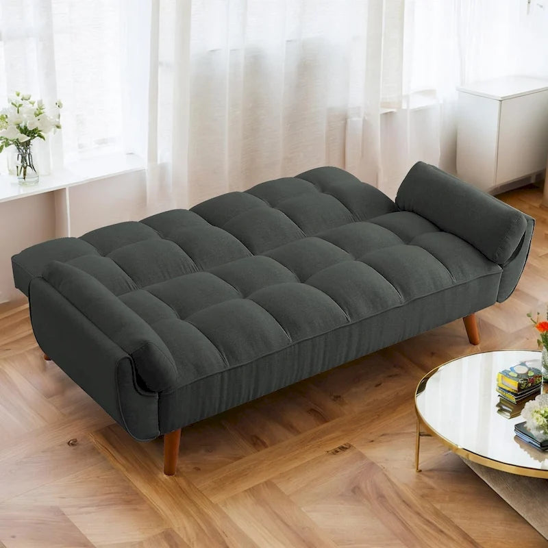 Canapé-lit futon convertible 2 places, gris clair / beige / gris foncé / jaune, dossier capitonné fendu