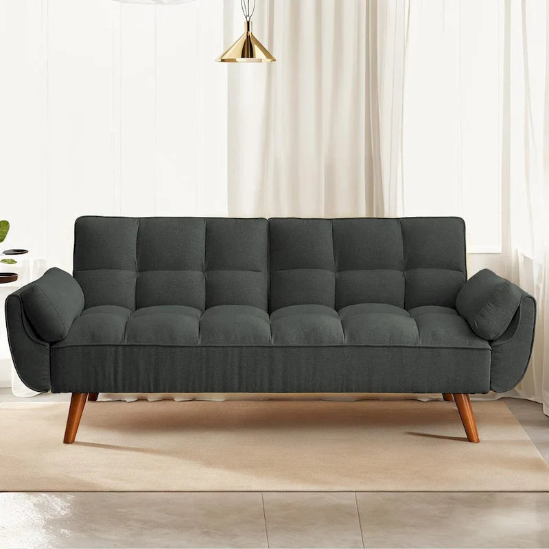 Canapé-lit futon convertible 2 places, gris clair / beige / gris foncé / jaune, dossier capitonné fendu