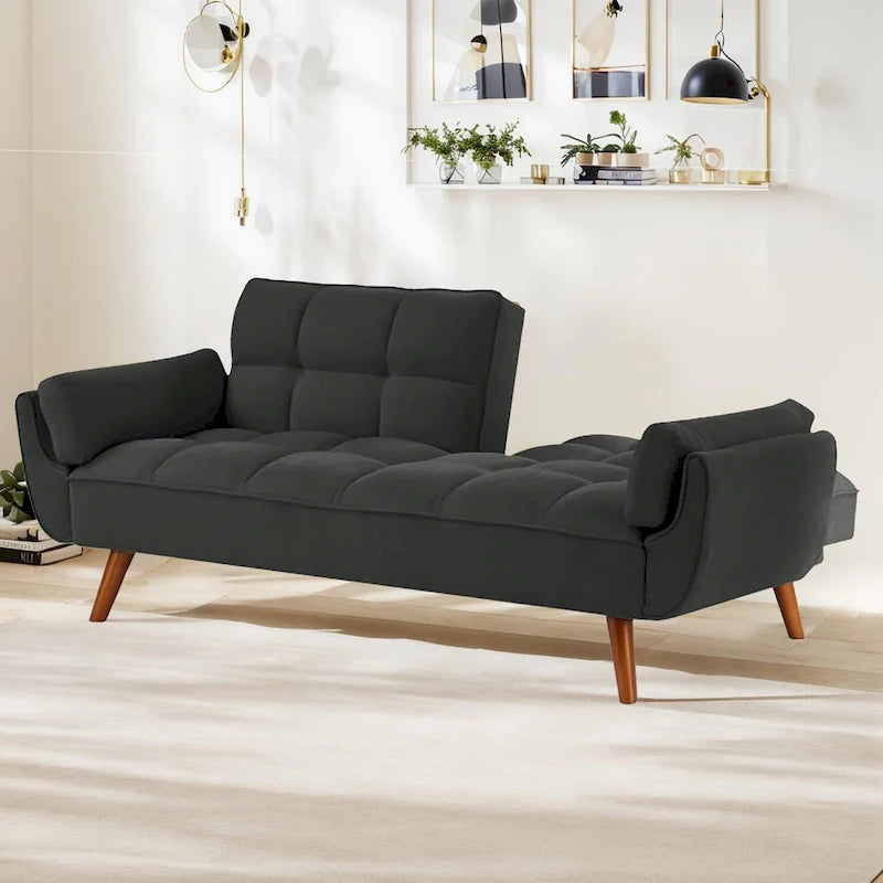 Canapé-lit futon convertible 2 places, gris clair / beige / gris foncé / jaune, dossier capitonné fendu