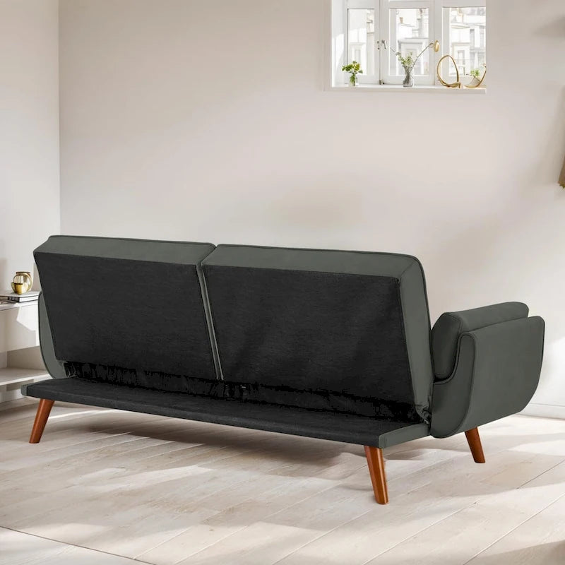 Canapé-lit futon convertible 2 places, gris clair / beige / gris foncé / jaune, dossier capitonné fendu