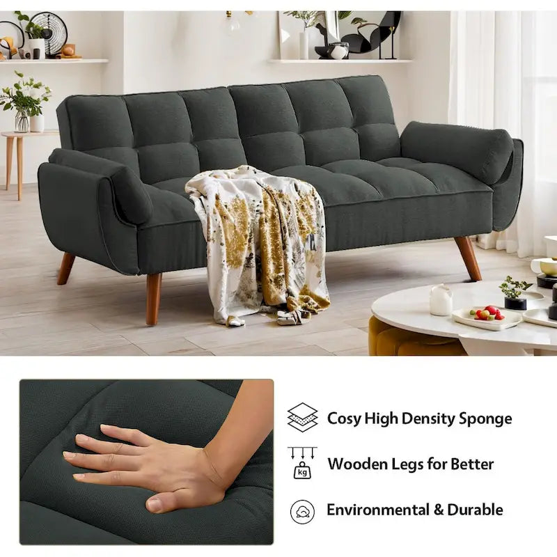 Canapé-lit futon convertible 2 places, gris clair / beige / gris foncé / jaune, dossier capitonné fendu