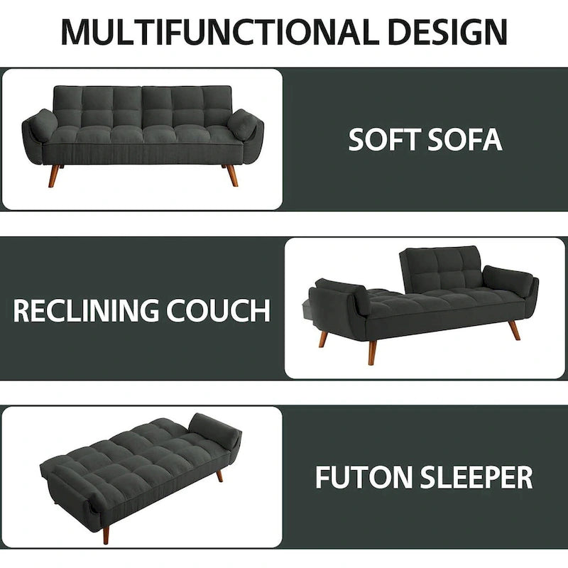 Canapé-lit futon convertible 2 places, gris clair / beige / gris foncé / jaune, dossier capitonné fendu