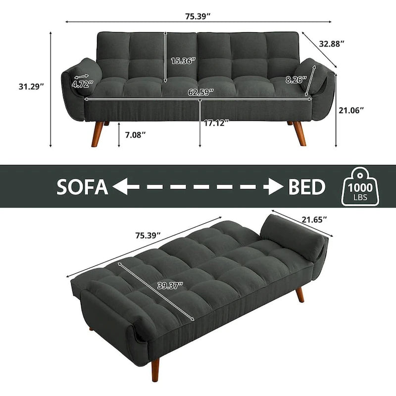 Canapé-lit futon convertible 2 places, gris clair / beige / gris foncé / jaune, dossier capitonné fendu