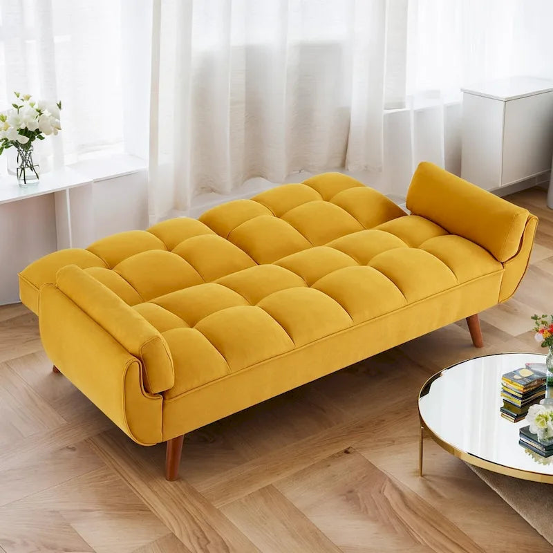 Canapé-lit futon convertible 2 places, gris clair / beige / gris foncé / jaune, dossier capitonné fendu